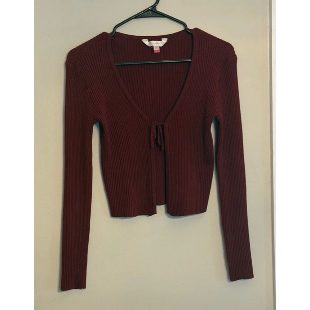 Dark Red Ribbed Tie Front Long Sleeve Size M